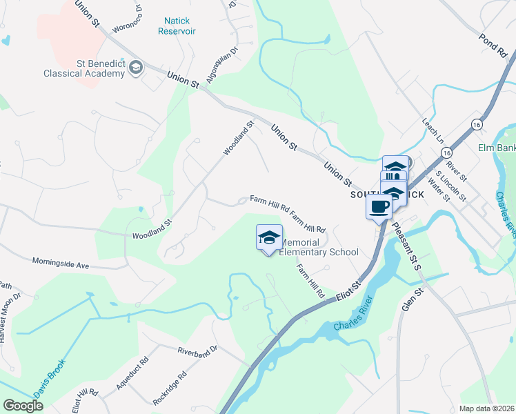 map of restaurants, bars, coffee shops, grocery stores, and more near 30 Farm Hill Road in Natick