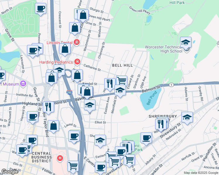 map of restaurants, bars, coffee shops, grocery stores, and more near 140 Eastern Avenue in Worcester
