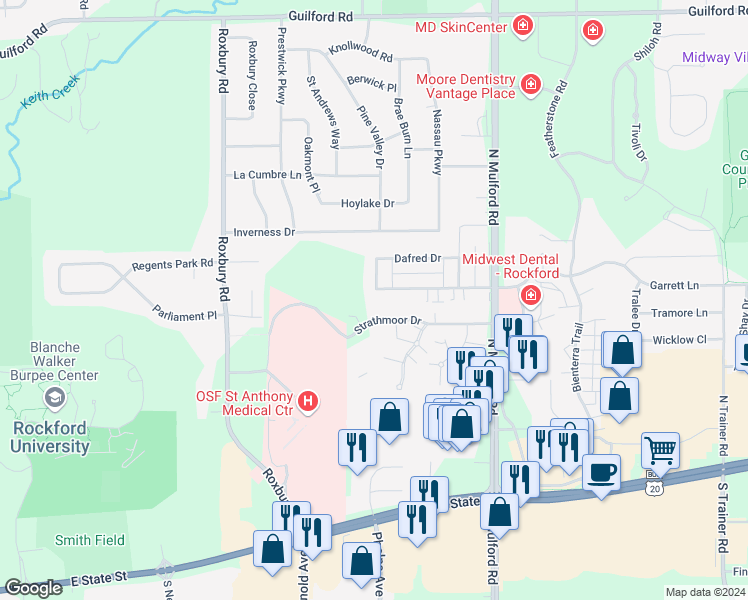 map of restaurants, bars, coffee shops, grocery stores, and more near 502 Sandra Lane in Rockford