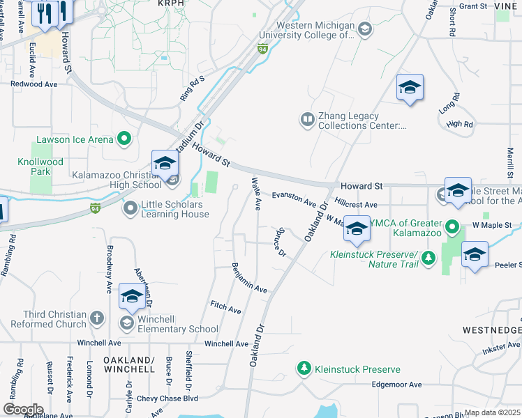 map of restaurants, bars, coffee shops, grocery stores, and more near 1903 Waite Avenue in Kalamazoo