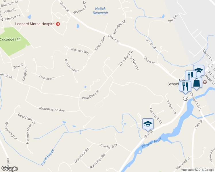 map of restaurants, bars, coffee shops, grocery stores, and more near 5 Davis Brook Drive in Natick