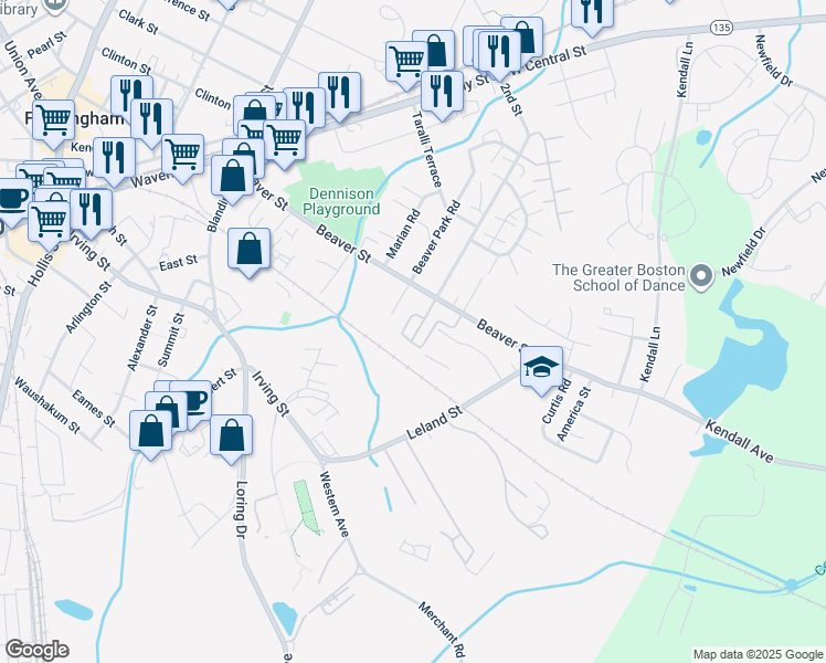 map of restaurants, bars, coffee shops, grocery stores, and more near 169 2nd Street in Framingham