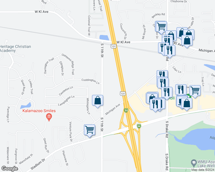 map of restaurants, bars, coffee shops, grocery stores, and more near 1701 South 11th Street in Kalamazoo