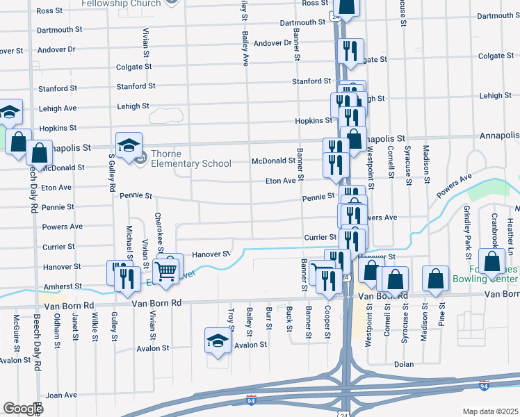 map of restaurants, bars, coffee shops, grocery stores, and more near 24421 Pennie Street in Dearborn Heights
