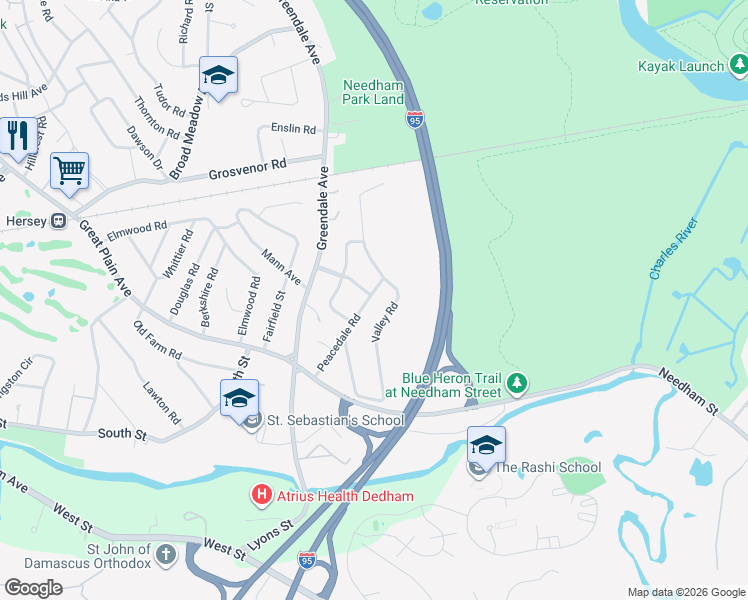 map of restaurants, bars, coffee shops, grocery stores, and more near 20 Peacedale Road in Needham