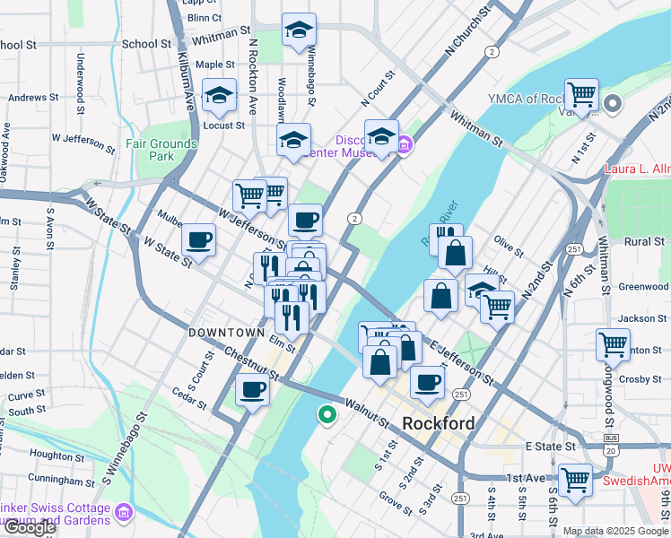 map of restaurants, bars, coffee shops, grocery stores, and more near 303 North Main Street in Rockford