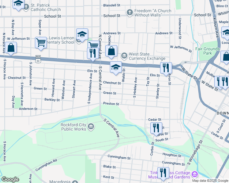 map of restaurants, bars, coffee shops, grocery stores, and more near 1525 Green Street in Rockford