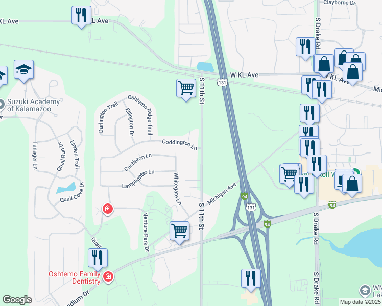 map of restaurants, bars, coffee shops, grocery stores, and more near 5537 Coddington Lane in Kalamazoo