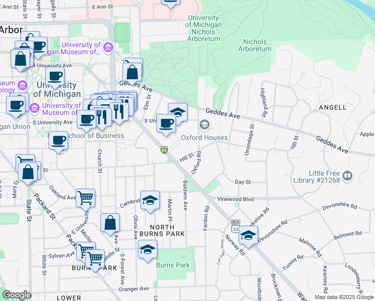 map of restaurants, bars, coffee shops, grocery stores, and more near 1701 Hill Street in Ann Arbor