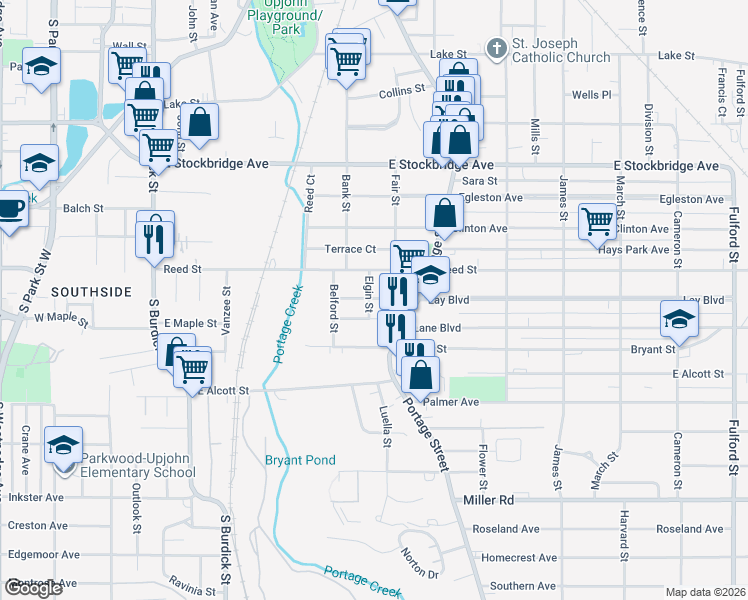 map of restaurants, bars, coffee shops, grocery stores, and more near 1903 Elgin Street in Kalamazoo