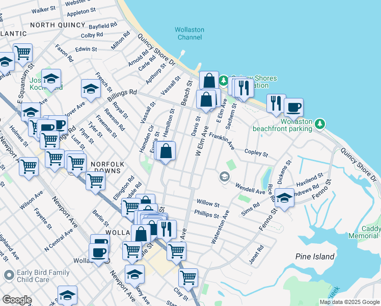 map of restaurants, bars, coffee shops, grocery stores, and more near 56 West Elm Avenue in Quincy