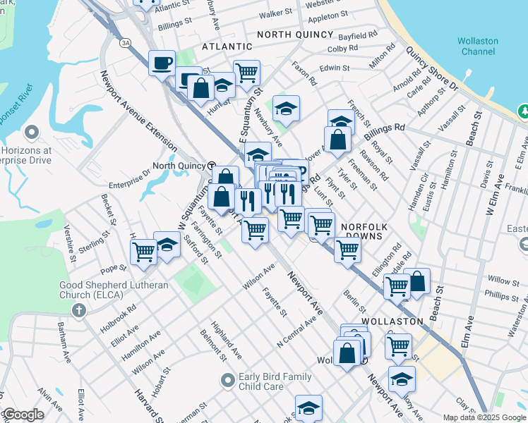 map of restaurants, bars, coffee shops, grocery stores, and more near 19 Billings Road in Quincy