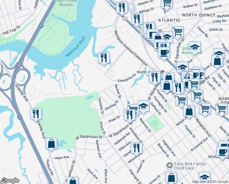 map of restaurants, bars, coffee shops, grocery stores, and more near 22 Sagamore Avenue in Quincy