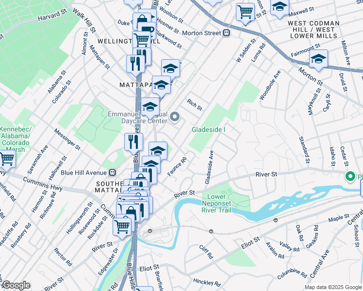map of restaurants, bars, coffee shops, grocery stores, and more near 2 Dania Terrace in Boston
