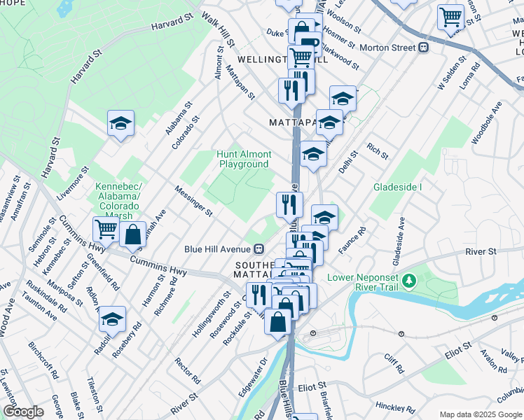 map of restaurants, bars, coffee shops, grocery stores, and more near 31 Woodhaven Street in Boston