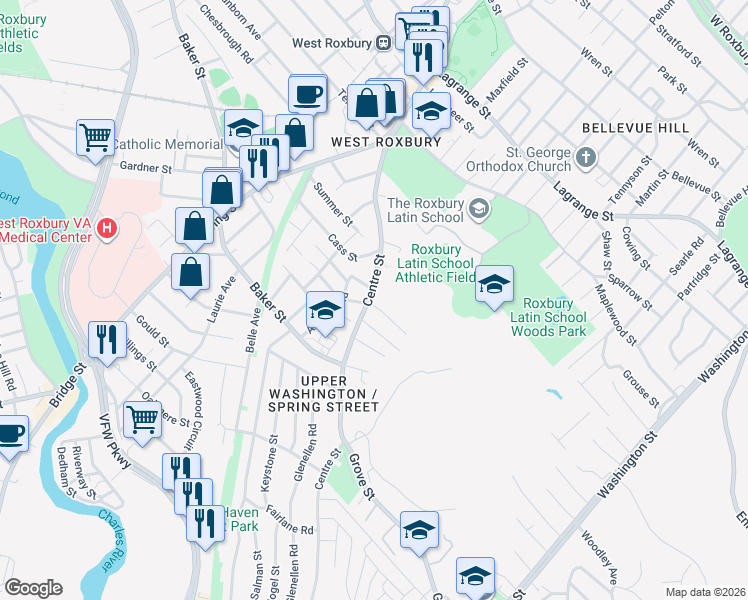 map of restaurants, bars, coffee shops, grocery stores, and more near 16 Centre Terrace in Boston