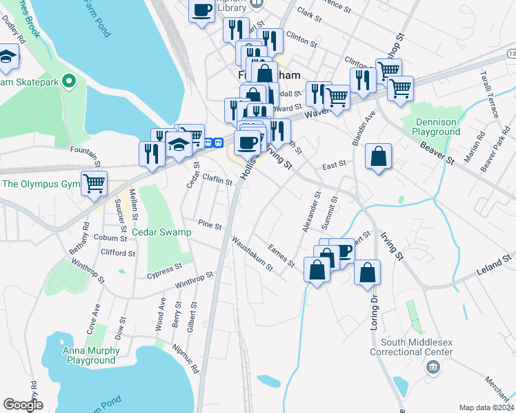 map of restaurants, bars, coffee shops, grocery stores, and more near 90 Arlington Street in Framingham