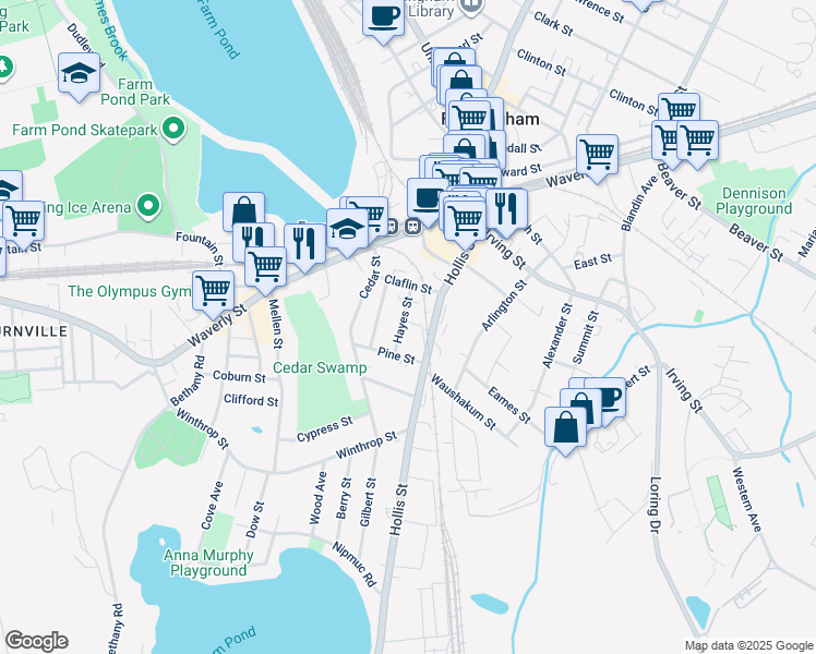 map of restaurants, bars, coffee shops, grocery stores, and more near 38 Hayes Street in Framingham