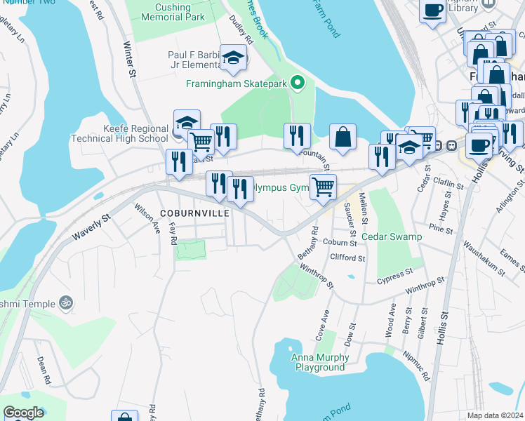 map of restaurants, bars, coffee shops, grocery stores, and more near 818 Waverly Street in Framingham