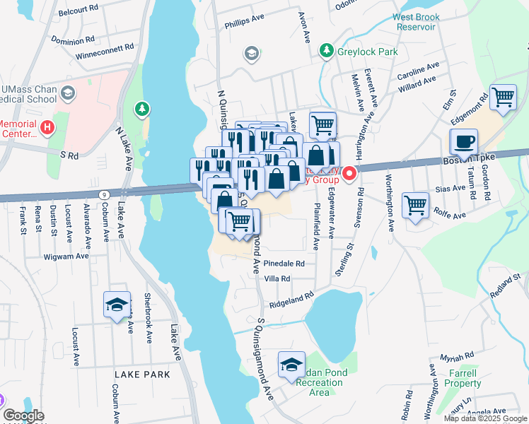 map of restaurants, bars, coffee shops, grocery stores, and more near 27 South Quinsigamond Avenue in Shrewsbury