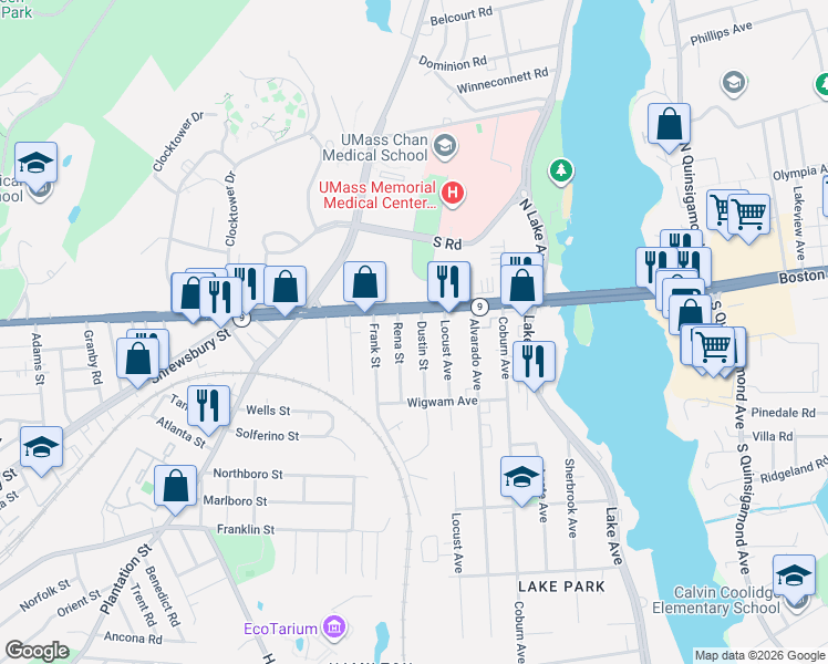 map of restaurants, bars, coffee shops, grocery stores, and more near 21 Dustin Street in Worcester