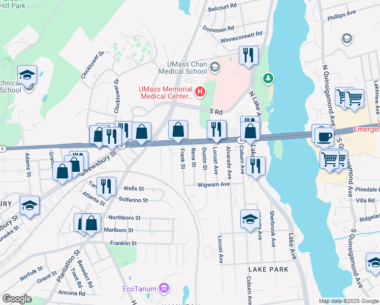 map of restaurants, bars, coffee shops, grocery stores, and more near 8 Rena Street in Worcester