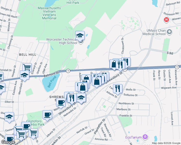map of restaurants, bars, coffee shops, grocery stores, and more near 17 Caprera Road in Worcester