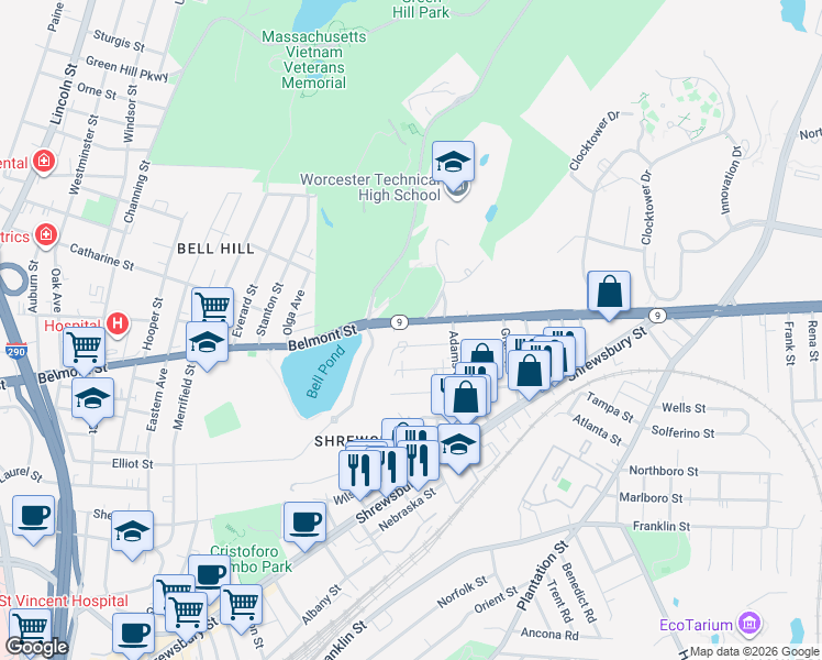 map of restaurants, bars, coffee shops, grocery stores, and more near 14 Johnson Street in Worcester