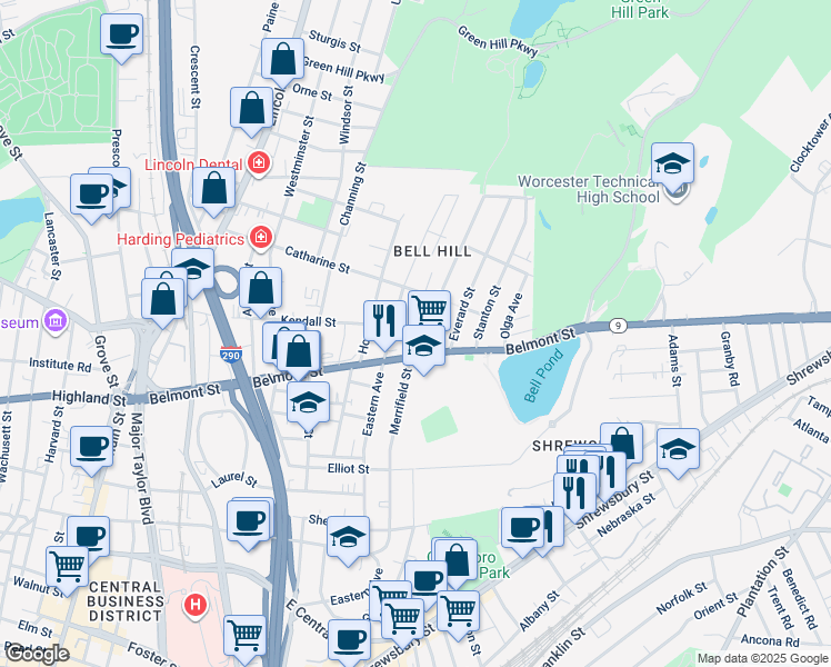 map of restaurants, bars, coffee shops, grocery stores, and more near 137A Eastern Avenue in Worcester