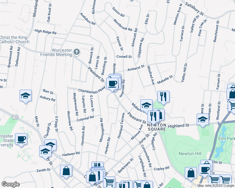 map of restaurants, bars, coffee shops, grocery stores, and more near 799 Pleasant Street in Worcester