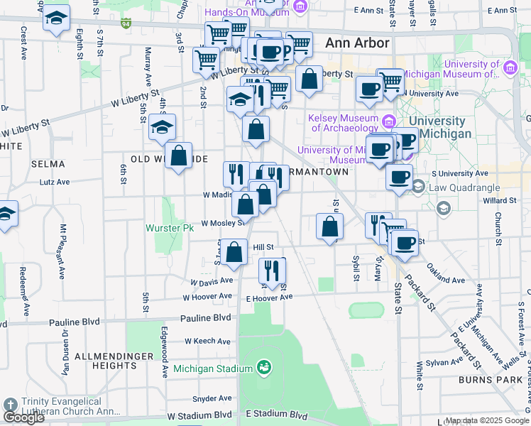 map of restaurants, bars, coffee shops, grocery stores, and more near 637 South Main Street in Ann Arbor