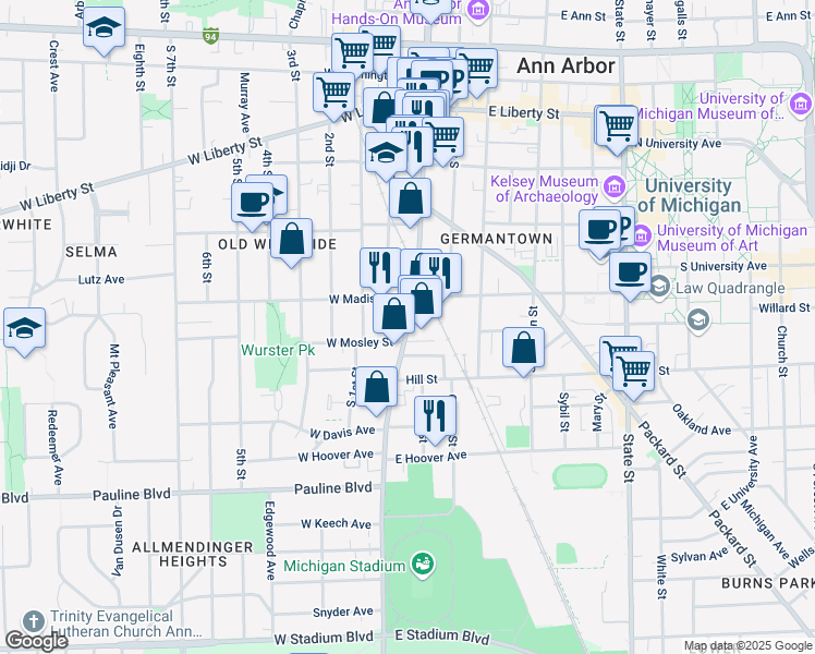 map of restaurants, bars, coffee shops, grocery stores, and more near 111 East Mosley Street in Ann Arbor