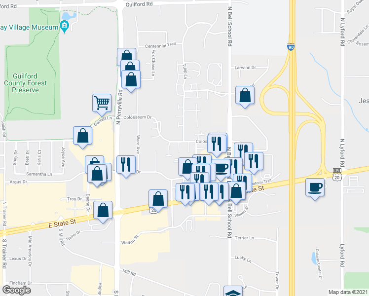map of restaurants, bars, coffee shops, grocery stores, and more near 7309 Colosseum Drive in Rockford