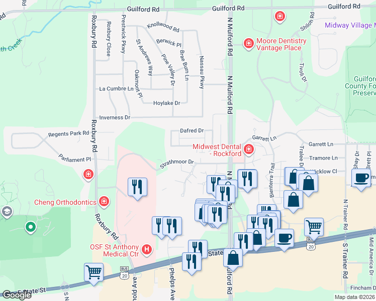 map of restaurants, bars, coffee shops, grocery stores, and more near 5807 Garrett Lane in Rockford