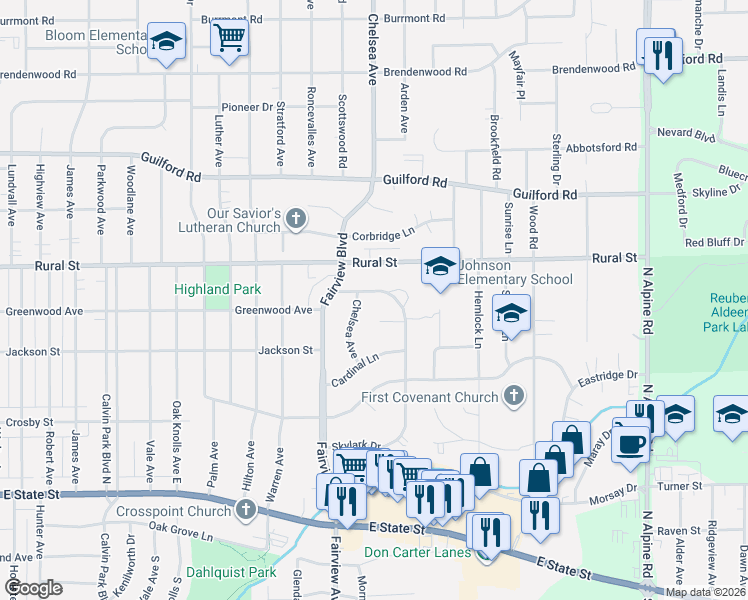 map of restaurants, bars, coffee shops, grocery stores, and more near 3627 Greenwood Avenue in Rockford