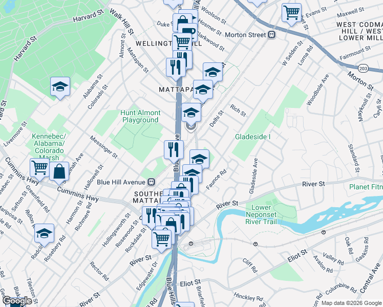 map of restaurants, bars, coffee shops, grocery stores, and more near 1506 Massachusetts 28 in Boston