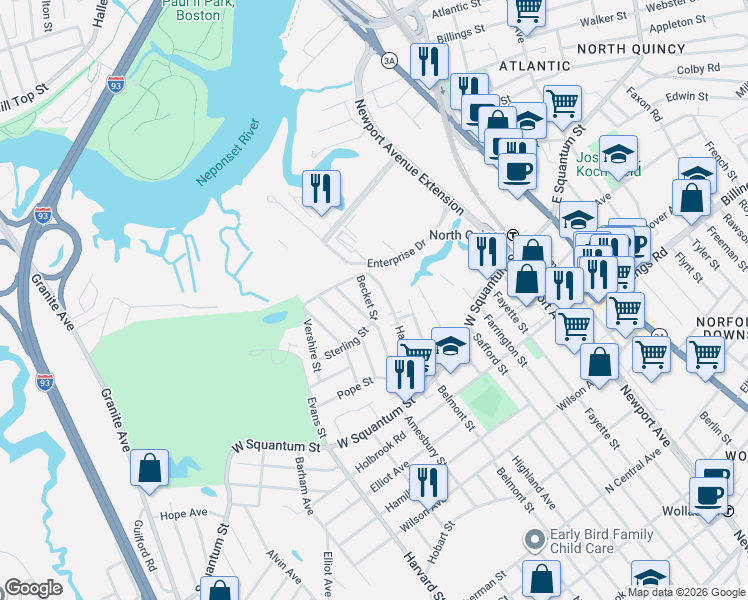 map of restaurants, bars, coffee shops, grocery stores, and more near 34 Becket Street in Quincy