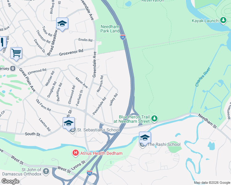 map of restaurants, bars, coffee shops, grocery stores, and more near 20 Peacedale Road in Needham