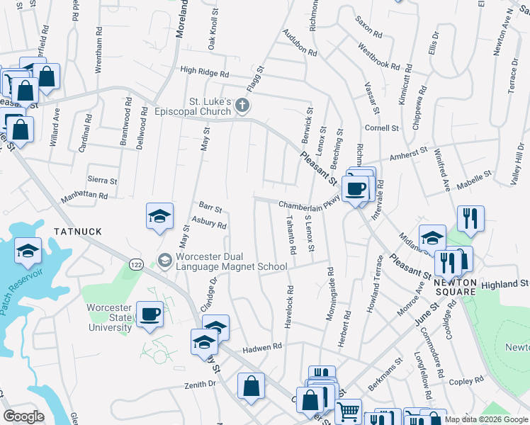 map of restaurants, bars, coffee shops, grocery stores, and more near 5 Maplewood Road in Worcester