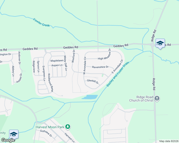 map of restaurants, bars, coffee shops, grocery stores, and more near 9645 Wexford Drive in Superior Charter Township