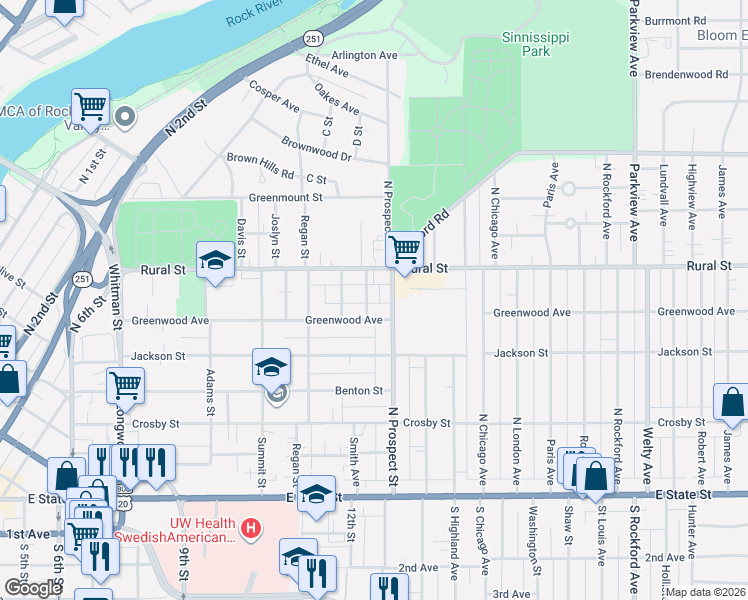 map of restaurants, bars, coffee shops, grocery stores, and more near 1632 Greenwood Avenue in Rockford