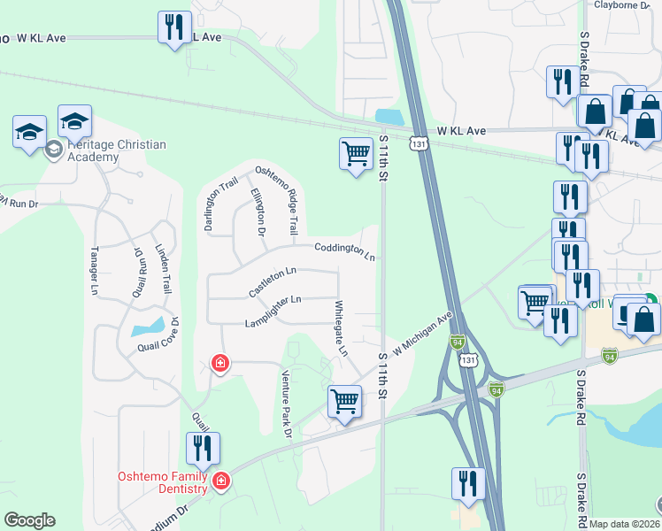 map of restaurants, bars, coffee shops, grocery stores, and more near 5632 Whitegate Lane in Kalamazoo