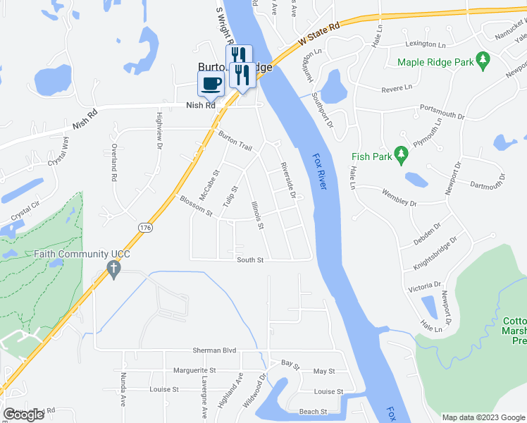 map of restaurants, bars, coffee shops, grocery stores, and more near 1508 Blossom Street in Crystal Lake
