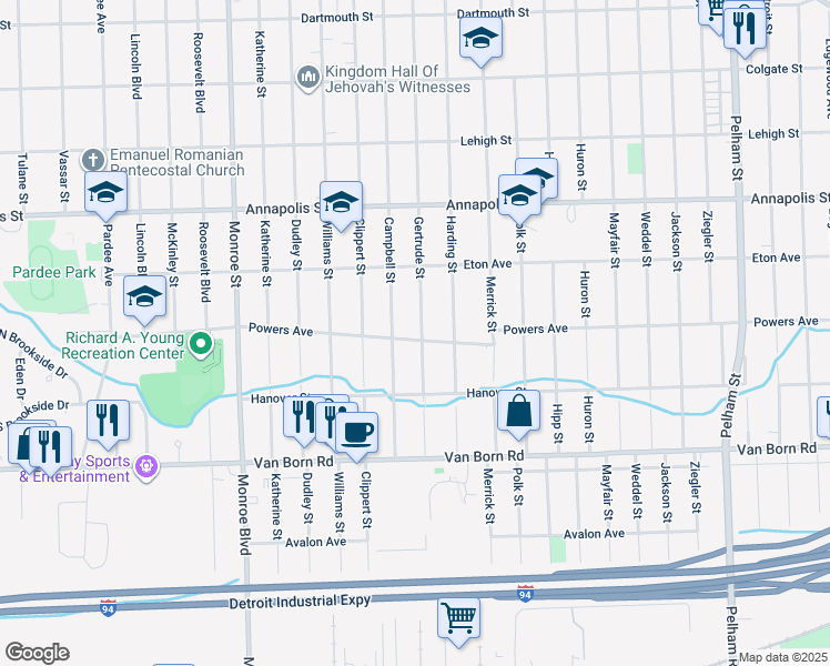 map of restaurants, bars, coffee shops, grocery stores, and more near 21112 Powers Avenue in Dearborn Heights