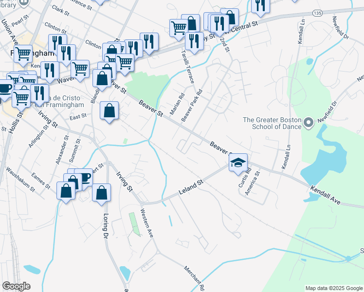 map of restaurants, bars, coffee shops, grocery stores, and more near 161 2nd Street in Framingham