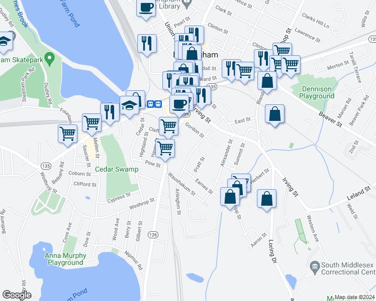 map of restaurants, bars, coffee shops, grocery stores, and more near 79 Arlington Street in Framingham