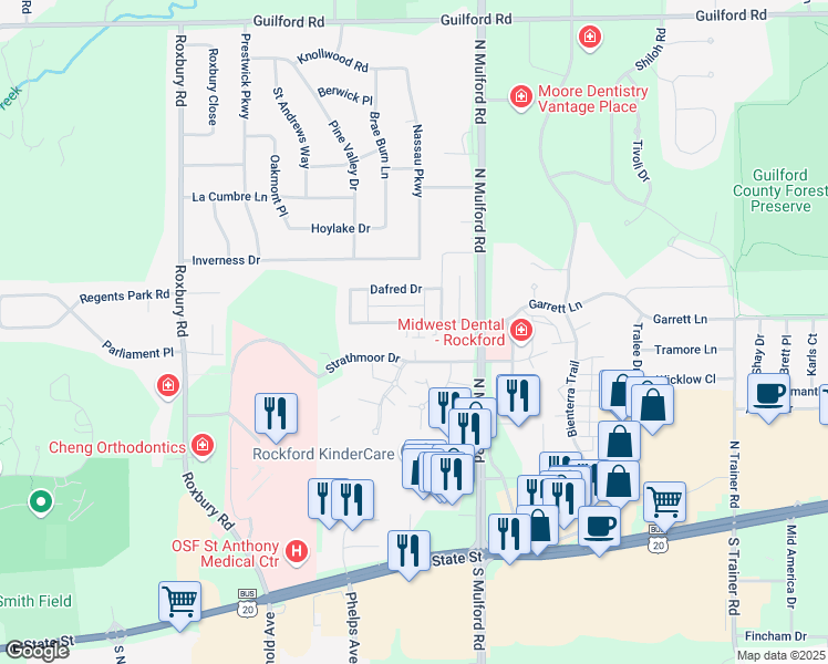 map of restaurants, bars, coffee shops, grocery stores, and more near 5850 Strathmoor Drive in Rockford