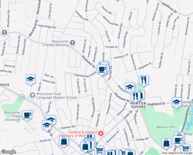 map of restaurants, bars, coffee shops, grocery stores, and more near 4A Saint Elmo Road in Worcester