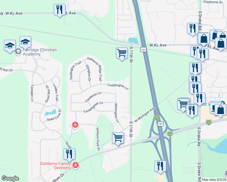 map of restaurants, bars, coffee shops, grocery stores, and more near 5632 Whitegate Lane in Kalamazoo