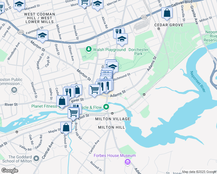 map of restaurants, bars, coffee shops, grocery stores, and more near 2261 Dorchester Avenue in Boston